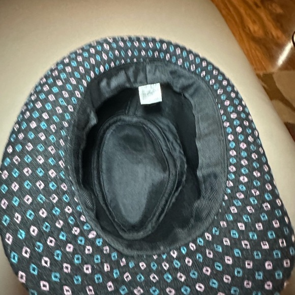 Fedora with Gold Metallic Band in Black with Pink and Teal Squares - 7-7 1/8 - Picture 5 of 6